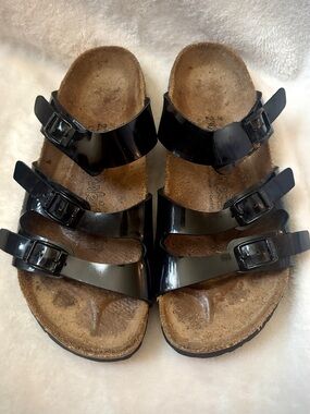 Birkenstock Florida Black Patent Sandals Womens Size 5 Triple Strap Slides